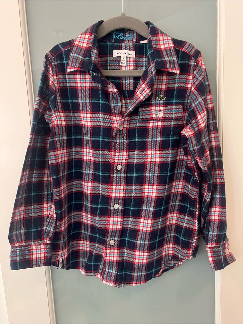 Lacoste Red, Navy & Green Plaid Button-Down Shirt